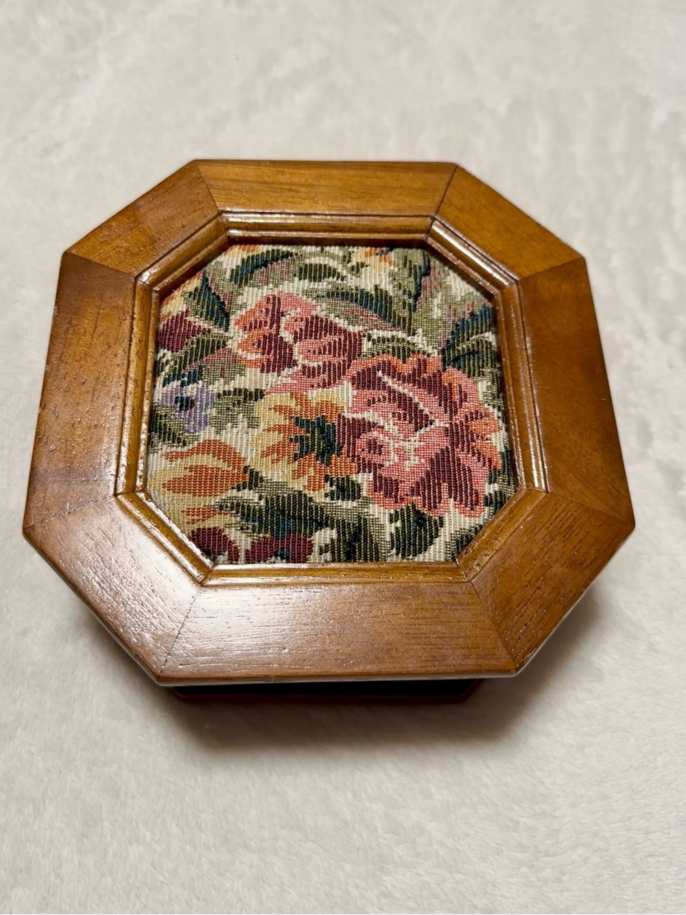 Vintage Wooden Octagon Jewelry Box with Mirror - Pink Interior